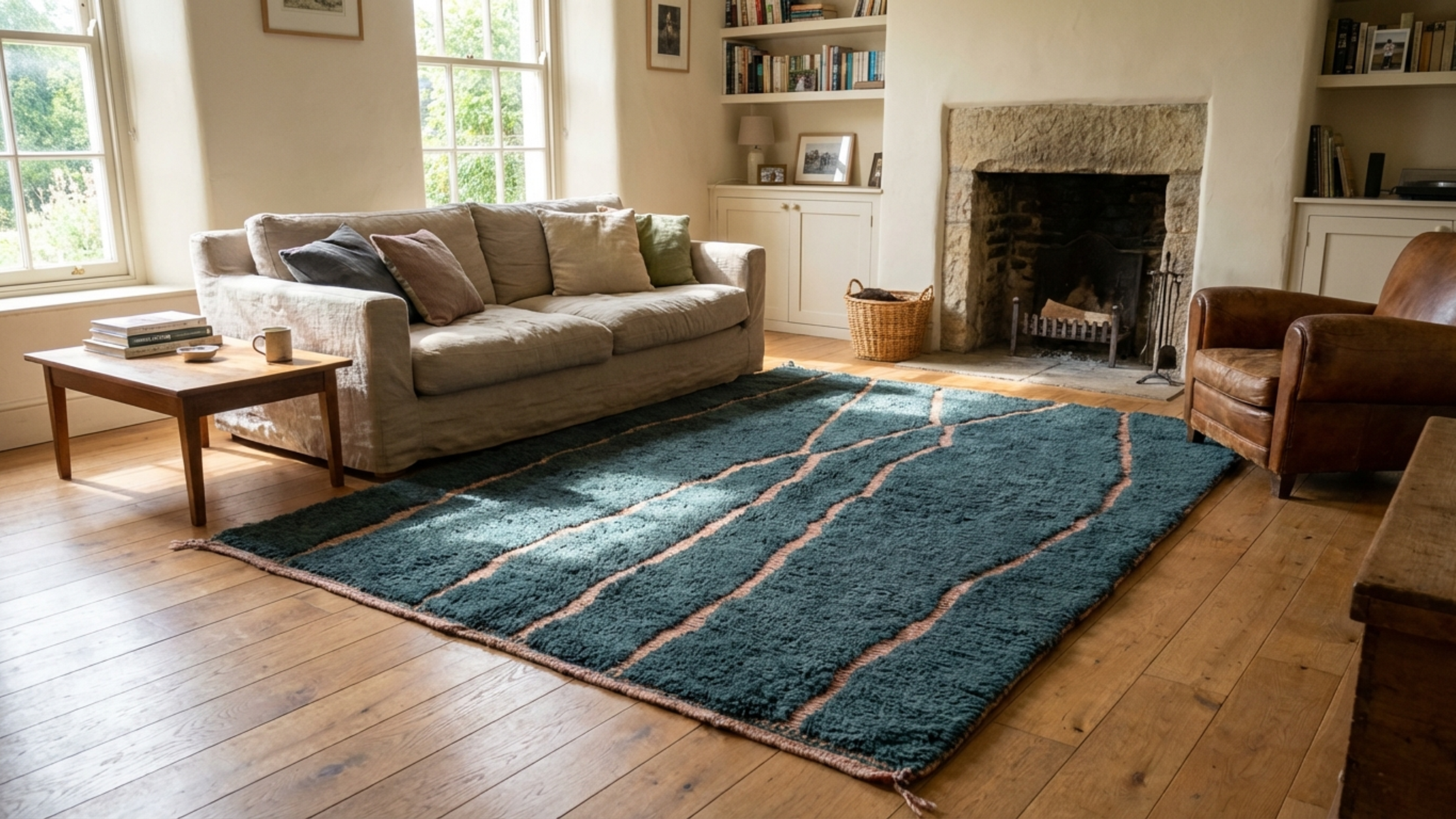 Moroccan Rug Handmade Wool 7x10 - Navy Blue Blush Modern Boho Area Rug for Living Room Bedroom - Mrirt Berber