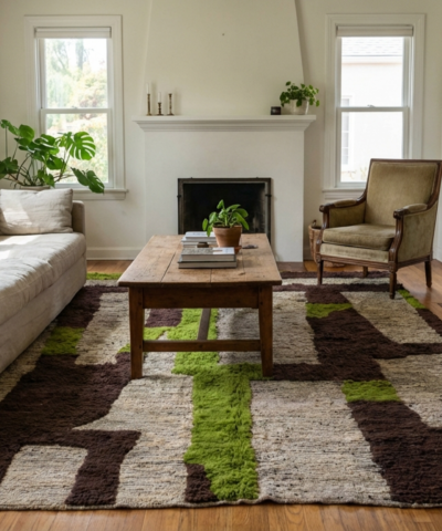 Moroccan Rug Handmade Wool 7x10 - Neutral Brown Green Modern Area Rug for Living Room Bedroom - Mrirt Berber