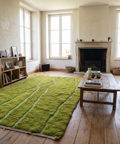 Moroccan Rug Handmade Wool 7x10 - Green Modern Minimalist Area Rug for Living Room Bedroom - Mrirt