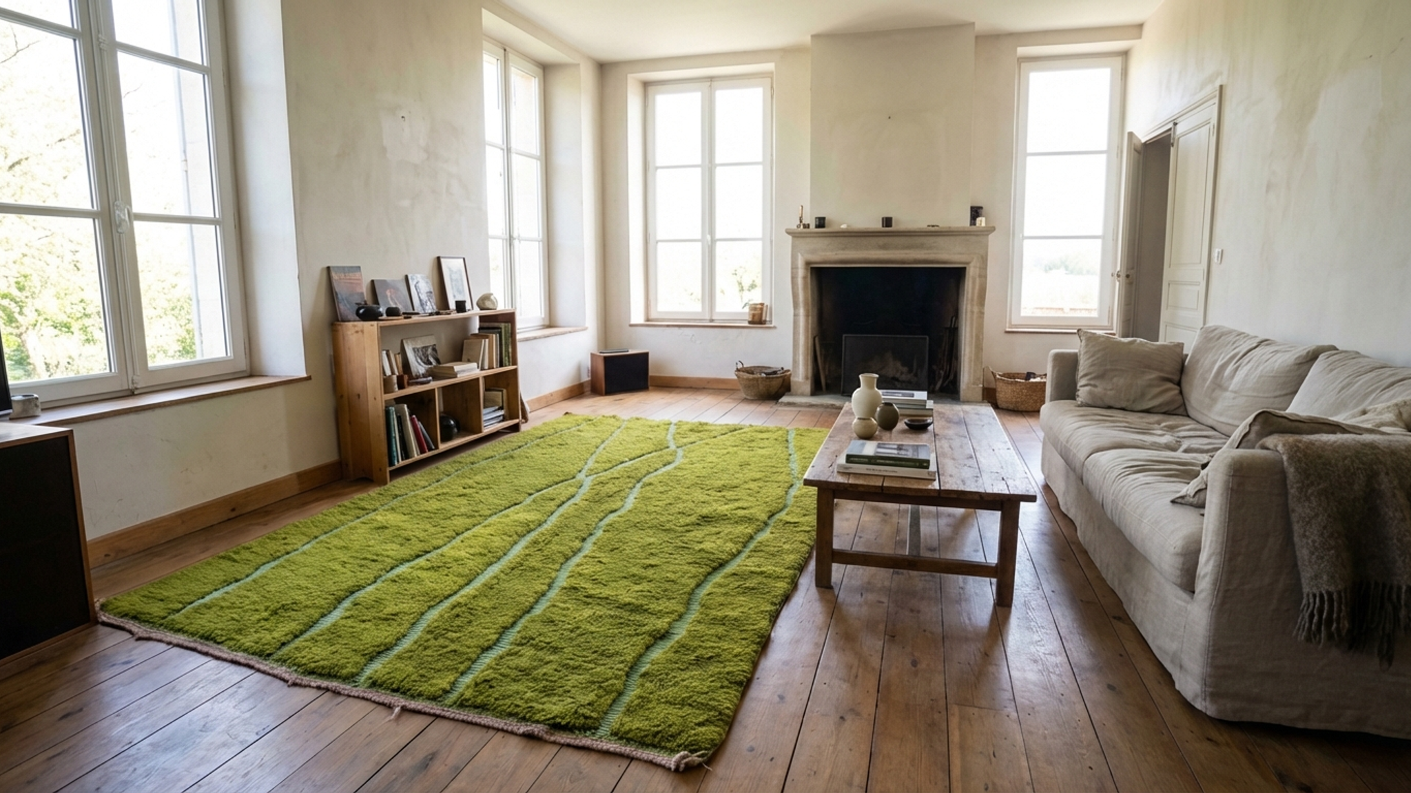 Moroccan Rug Handmade Wool 7x10 - Green Modern Minimalist Area Rug for Living Room Bedroom - Mrirt