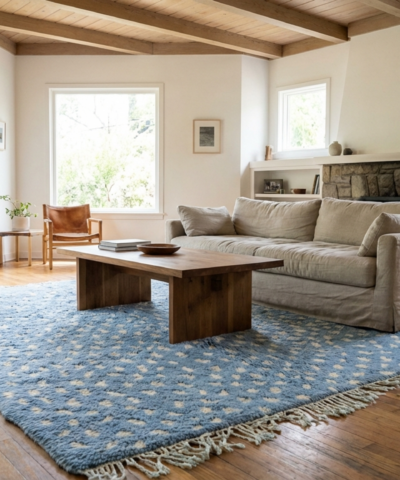 Moroccan Rug Handmade Wool 8x10 - Blue Ivory Modern Boho Area Rug for Living Room Bedroom - Berber