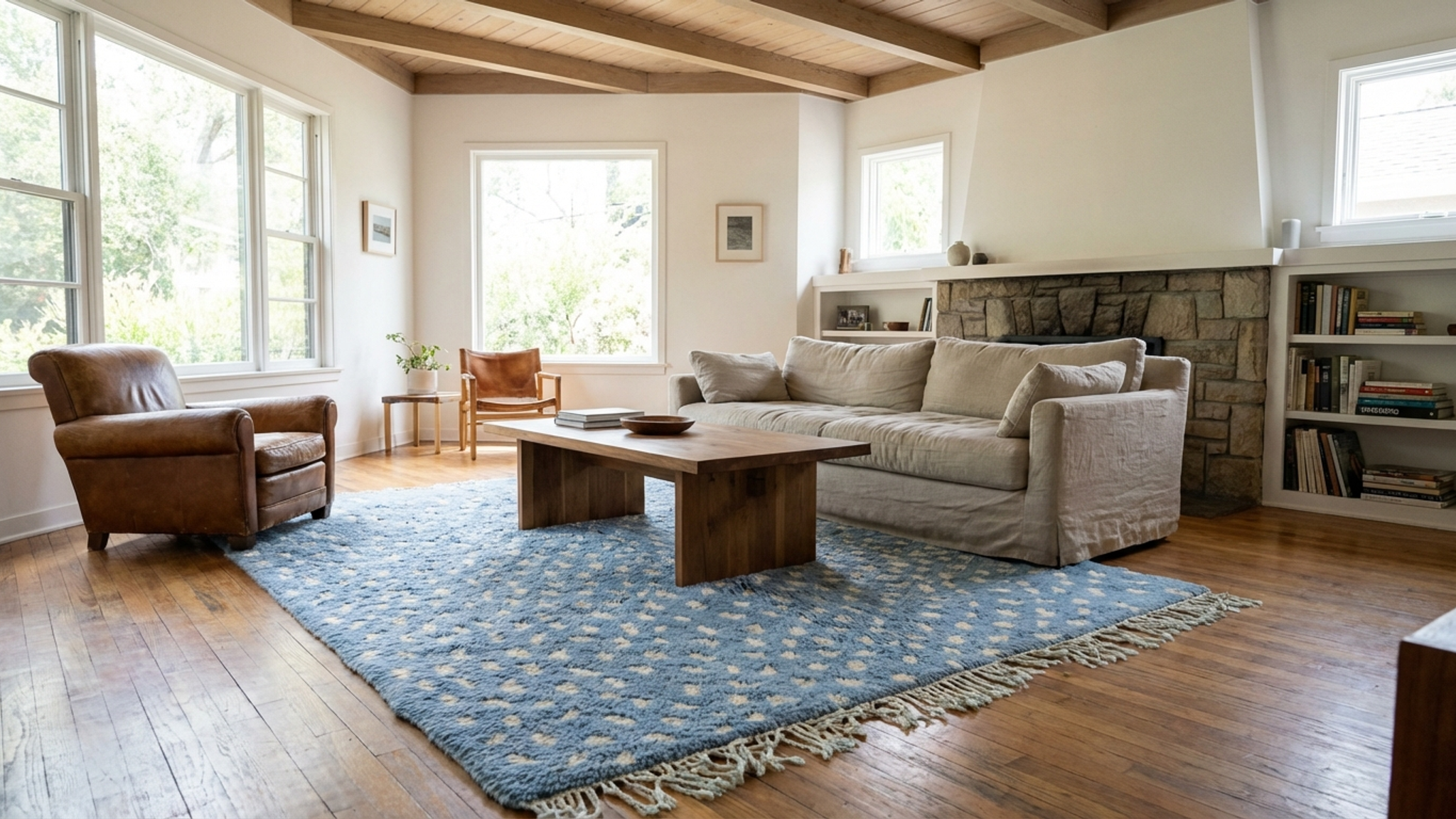 Moroccan Rug Handmade Wool 8x10 - Blue Ivory Modern Boho Area Rug for Living Room Bedroom - Berber