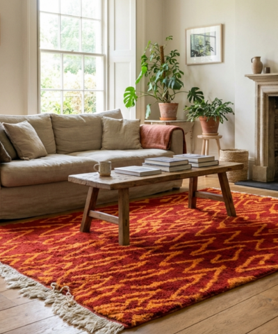 Moroccan Rug Handmade Wool 8x10 - Rust Red Orange Modern Boho Area Rug for Living Room Bedroom Berber