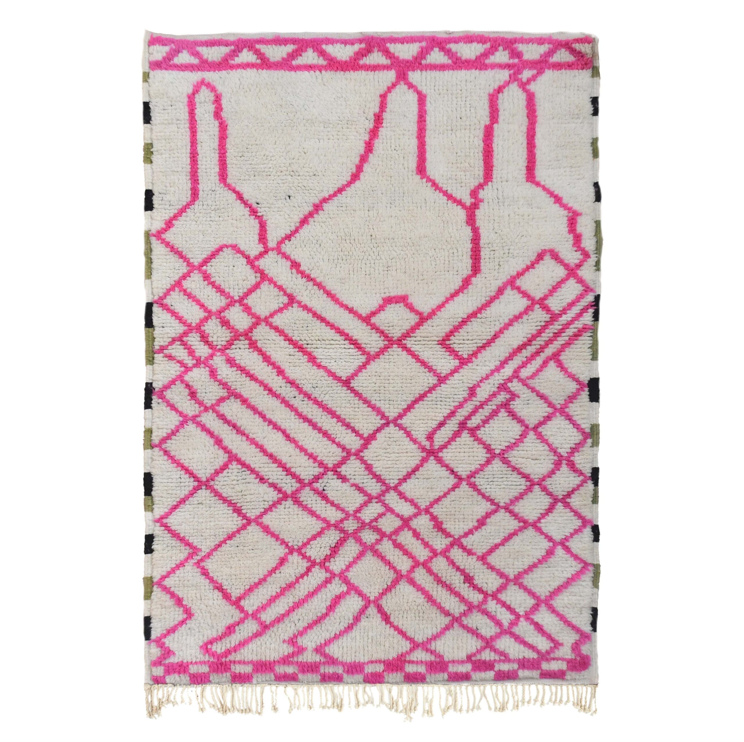 Moroccan Rug Handmade Wool Custom Size - Ivory Pink Geometric Boho Area Rug for Living Room Bedroom - Beni Ourain - الصورة 2