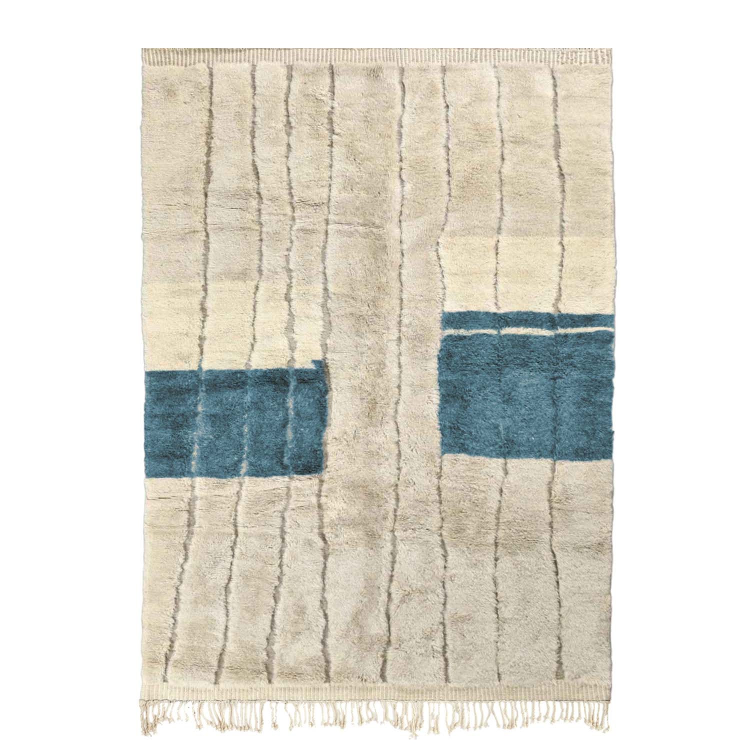 Moroccan Rug Handmade Wool 7x10 - Ivory Neutral Blue Modern Boho Area Rug for Living Room Bedroom - Beni Ourain – Bild 2