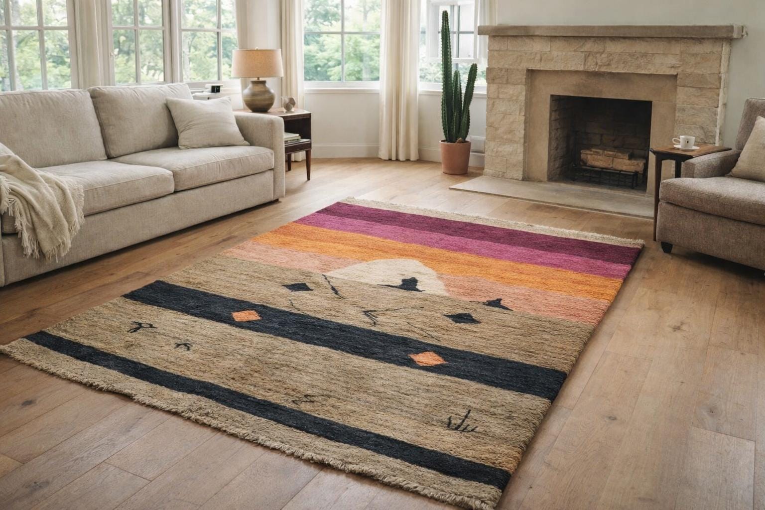 Moroccan Rug Handwoven Wool 9x5 - Neutral Modern Kilim Area Rug for Living Room, Beige Black with Pink Orange Stripes - Bild 2