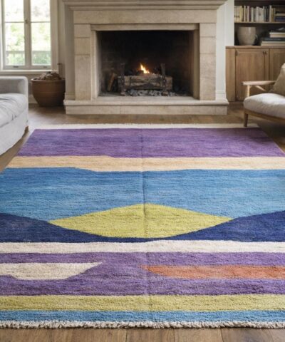 Moroccan Rug Handmade Wool 6x10 - Colorblock Modern Kilim Area Rug for Living Room Bedroom, Blue Purple Neutral