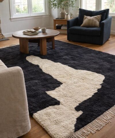 Moroccan Rug Handwoven Wool Custom Size - Black Ivory Minimalist Boho Area Rug for Living Room Bedroom - Mrirt