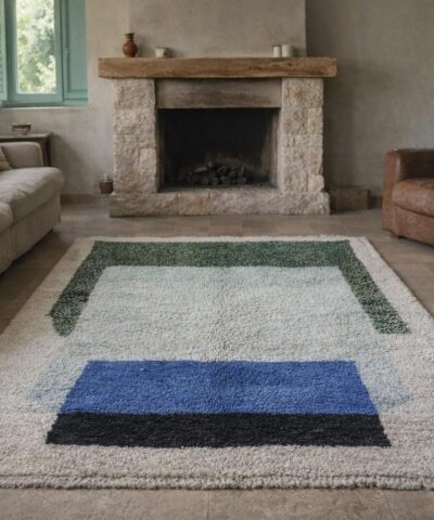 Moroccan Rug Handmade Wool Custom Size - Ivory Blue Green Modern Boho Area Rug for Living Room Bedroom - Mrirt