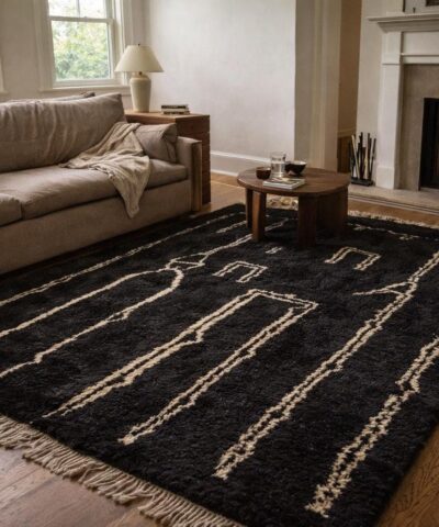 Moroccan Rug Handmade Wool Custom Size - Black White Minimalist Modern Area Rug for Living Room Bedroom Berber