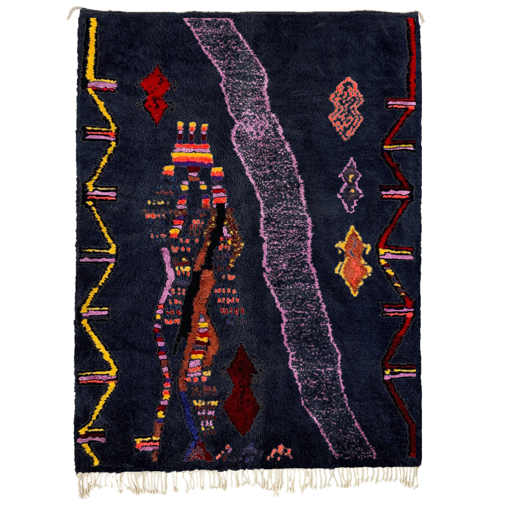 Moroccan Rug Azilal 5x8 Wool Navy Black Pink Orange Yellow Boho Living Room - الصورة 2