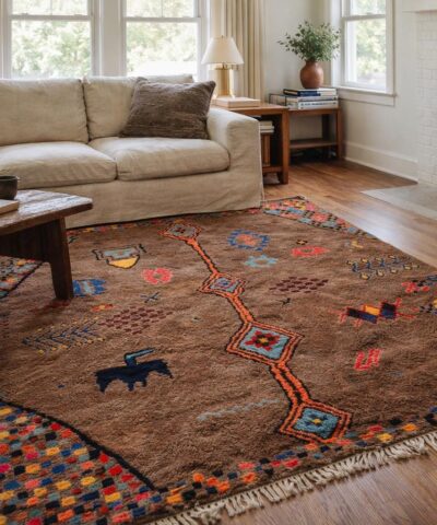 Moroccan Rug Handmade Wool 8x10 - Brown Neutral Boho Area Rug for Living Room Bedroom - Colorful Tribal Berber Rug