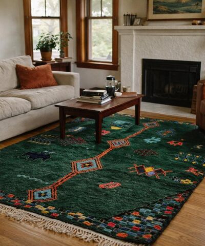 Moroccan Rug Boujaad 5x7 Wool Forest Green Multicolor Tribal Boho Living Room