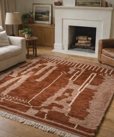 Moroccan Rug Handmade Wool 8x10 - Rust Terracotta Neutral Modern Boho Area Rug for Living Room Bedroom - Mrirt