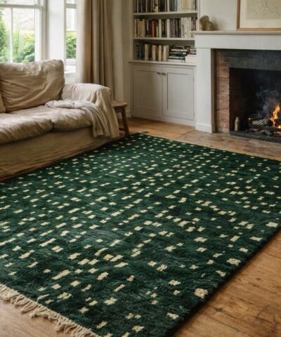 Moroccan Rug Handmade Wool 8x10 - Dark Green Ivory Modern Boho Area Rug for Living Room Bedroom - Mrirt Berber