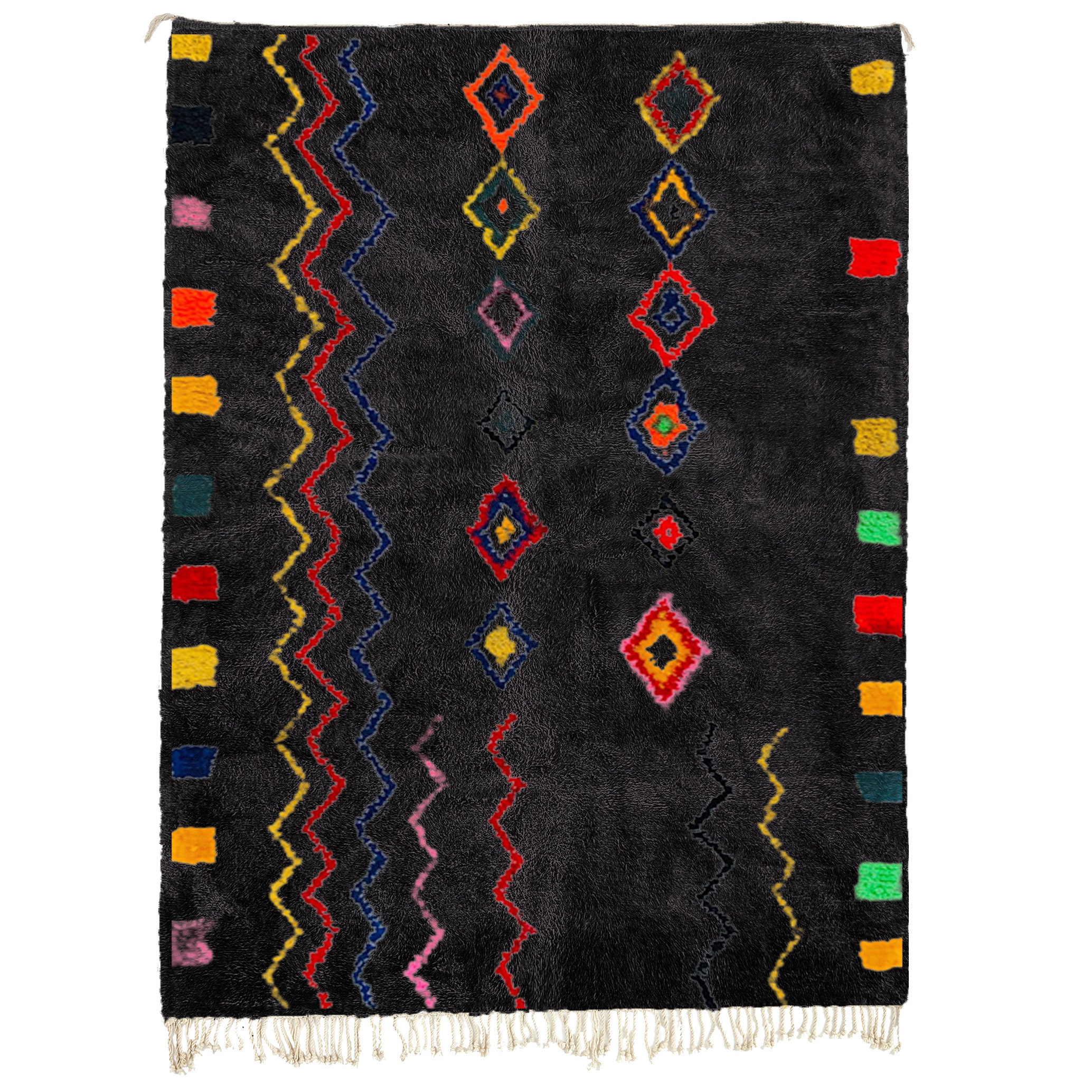 Moroccan Rug Handmade Wool Custom Size - Black Colorful Boho Area Rug for Living Room Bedroom, Berber Style - 画像2