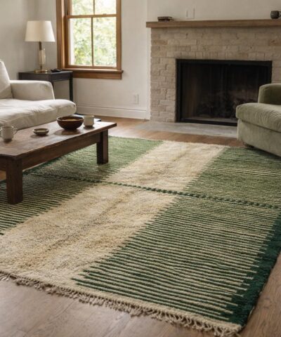Moroccan Rug Handmade Wool Custom Size - Green Ivory Modern Boho Area Rug for Living Room Bedroom - Mrirt