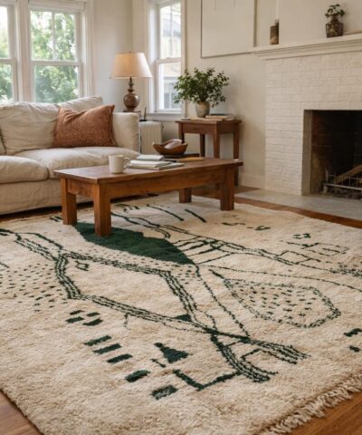 Moroccan Rug Handmade Wool 8x10 - Ivory Green Minimalist Boho Area Rug for Living Room Bedroom - Beni Ourain