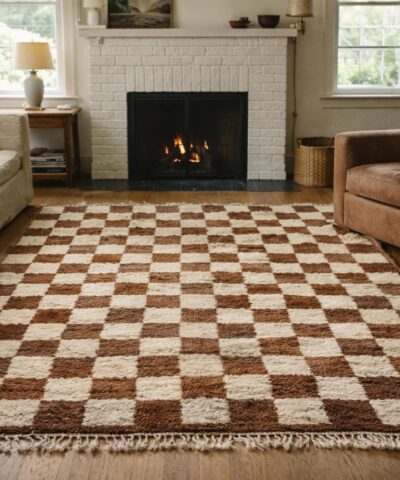 Moroccan Rug Checkered Handmade Wool 8x10 - Ivory Brown Boho Area Rug for Living Room Bedroom Modern Berber