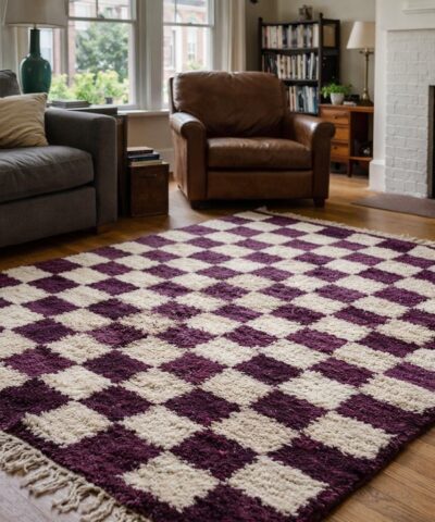 Moroccan Rug Handmade Wool 8x10 - Ivory Plum Checkered Boho Area Rug for Living Room Bedroom - Mrirt