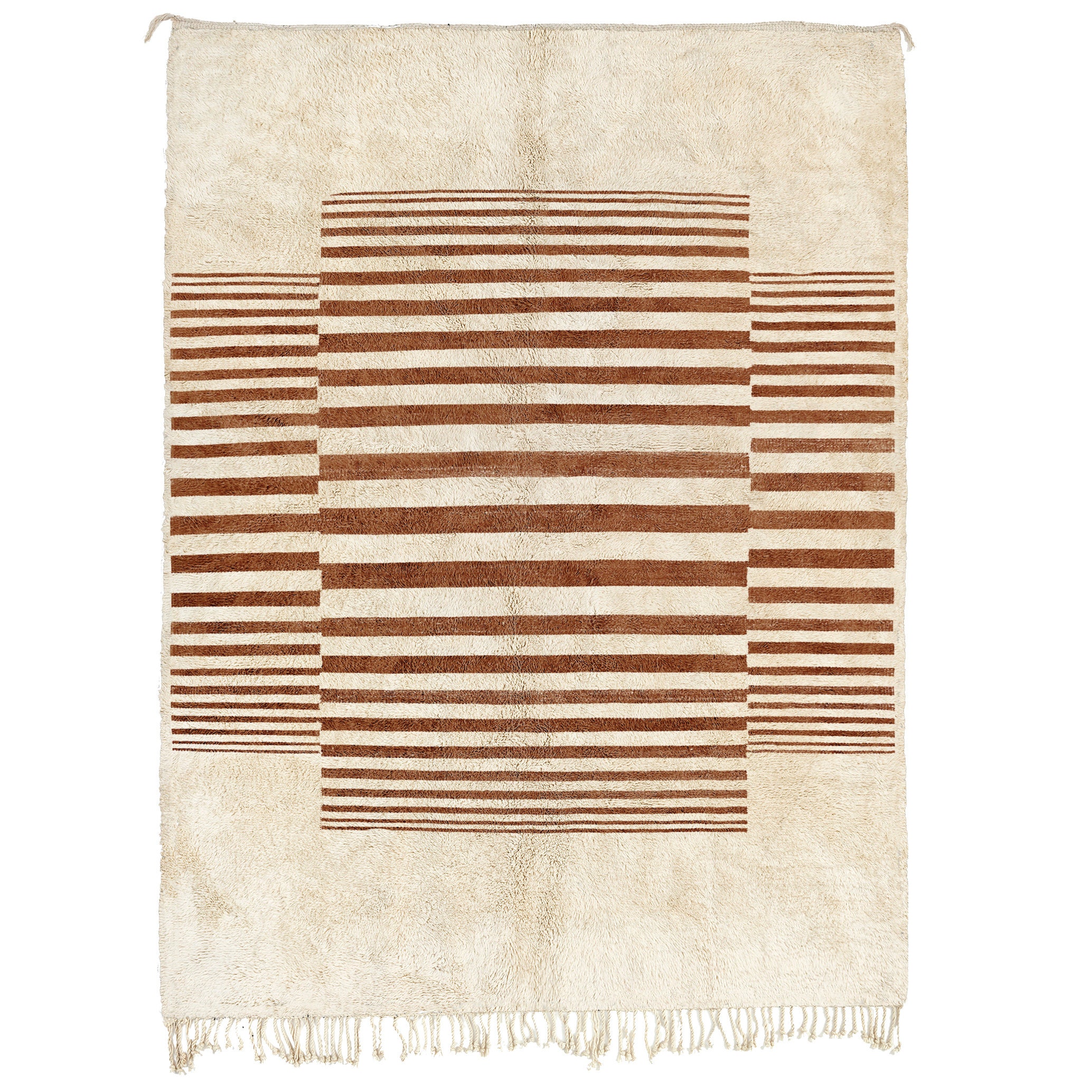 Moroccan Rug Mrirt 5x8 Wool Ivory Cream Brown Striped Minimalist Living Room Berber - الصورة 2