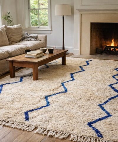 Moroccan Rug Beni Ourain 8x10 Wool Cream White Cobalt Blue Zigzag Boho Living Room