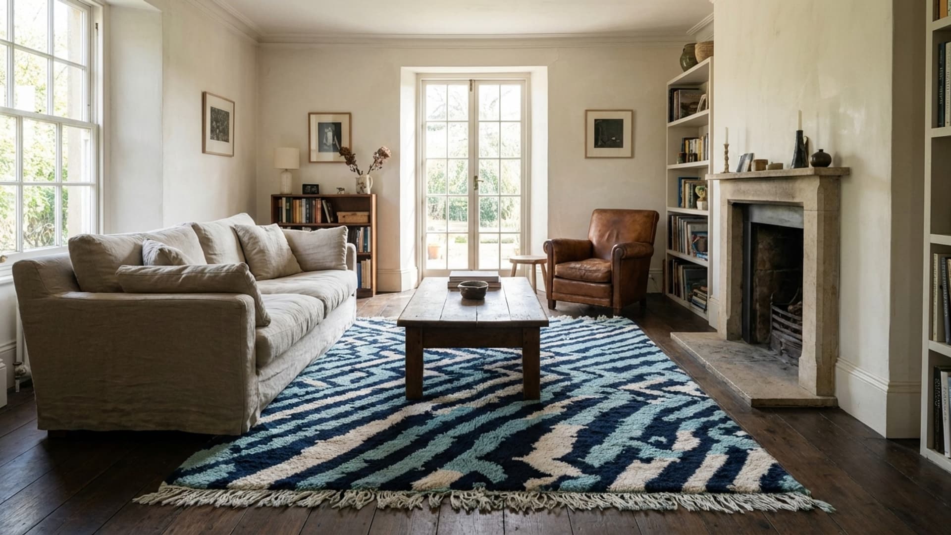 Moroccan Rug Handmade Wool Custom Size - Blue Navy Ivory Modern Boho Area Rug for Living Room Bedroom Berber