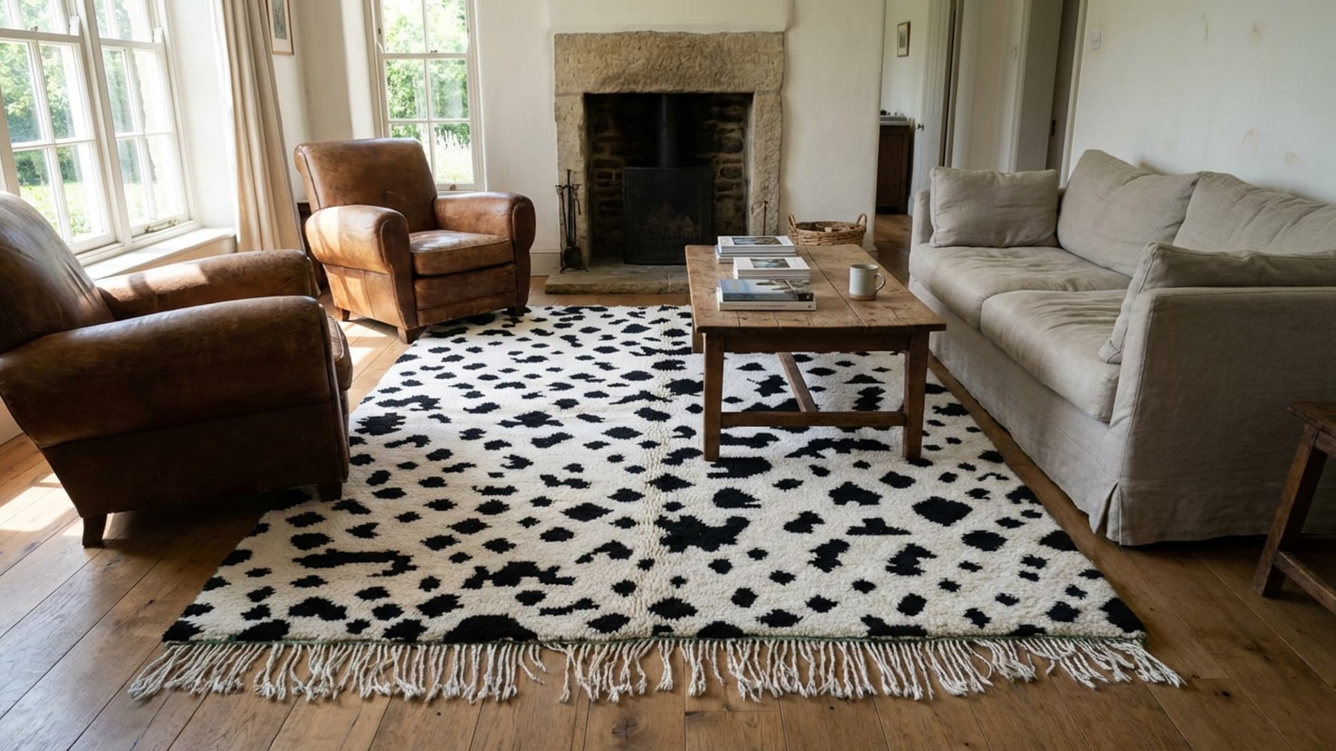 Moroccan Rug Handmade Wool 8x10 - Black and White Modern Area Rug for Living Room, Minimalist Boho Bedroom Rug